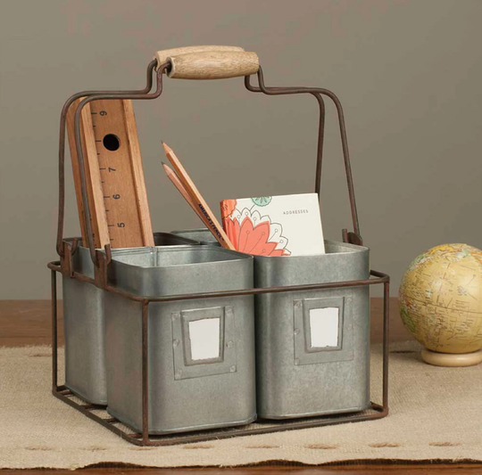Four Tin Organizer With Handles, Kid's Desk Caddy, Metal School Supplies Storage, Pencil Holder, Pen Organizer. Gray