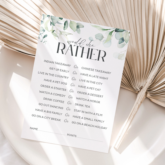 Baby Shower Would She Rather Cards Boho Botanical Green Tea Party New Mum To Be Gender Reveal Games Favours Style2 Kensington