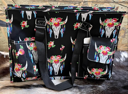 Long Horn Print Zippered Caddy Organizer Medium Tote Bag