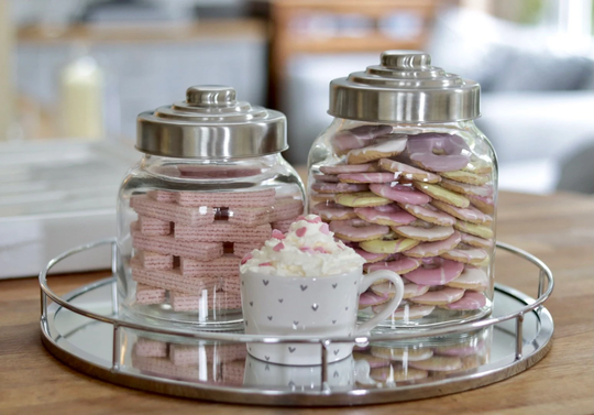 Sale - Round Glass Storage Jars 2 Sizes 1.4L, 1.9L Silver Stainless Steel Pantry Kitchen Bathroom Food Dog Treats Bath Salts Bombs Biscuits