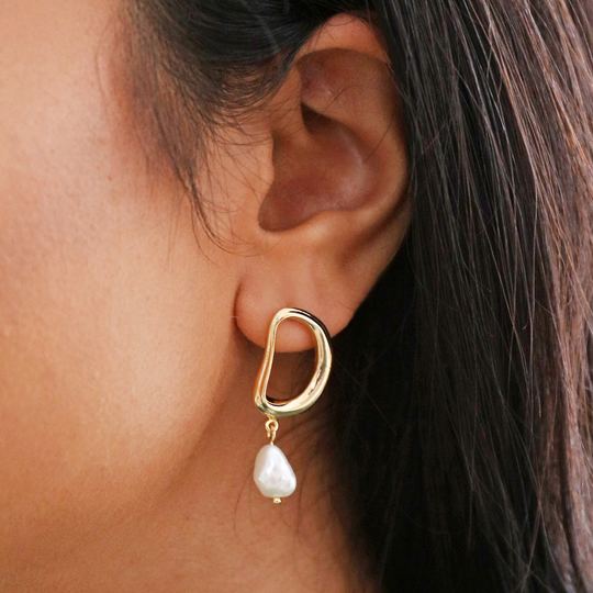 Organic Circle Pearl Drop Earrings in Gold Statement Style