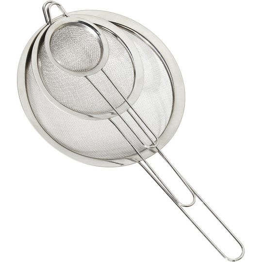 Kitchen Sieve Set of 3, ∅ 7, 12 & 18 cm, With Handle, Flour, Icing Sugar, Sifter, Stainless Steel, Silver - Relaxdays
