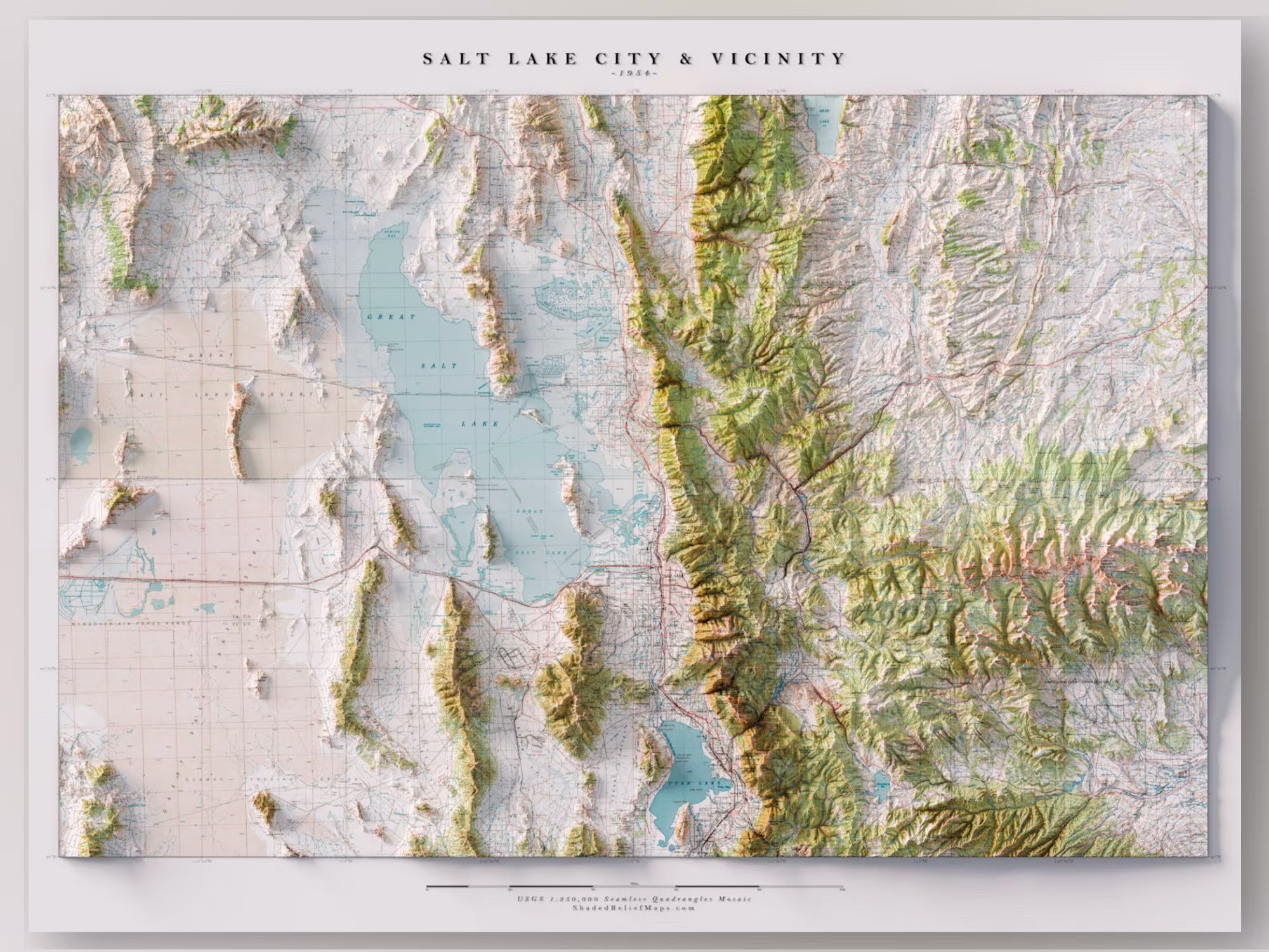 Salt Lake City & Vicinity, Utah - 1954 Usgs Seamless Mosaic Topographic Shaded Relief Map Print