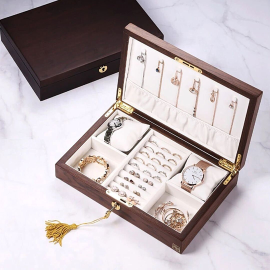 Wooden Jewelry Box With Lock | Organizer For Women & Girls Necklace Hangers Earring Travel Case Hook