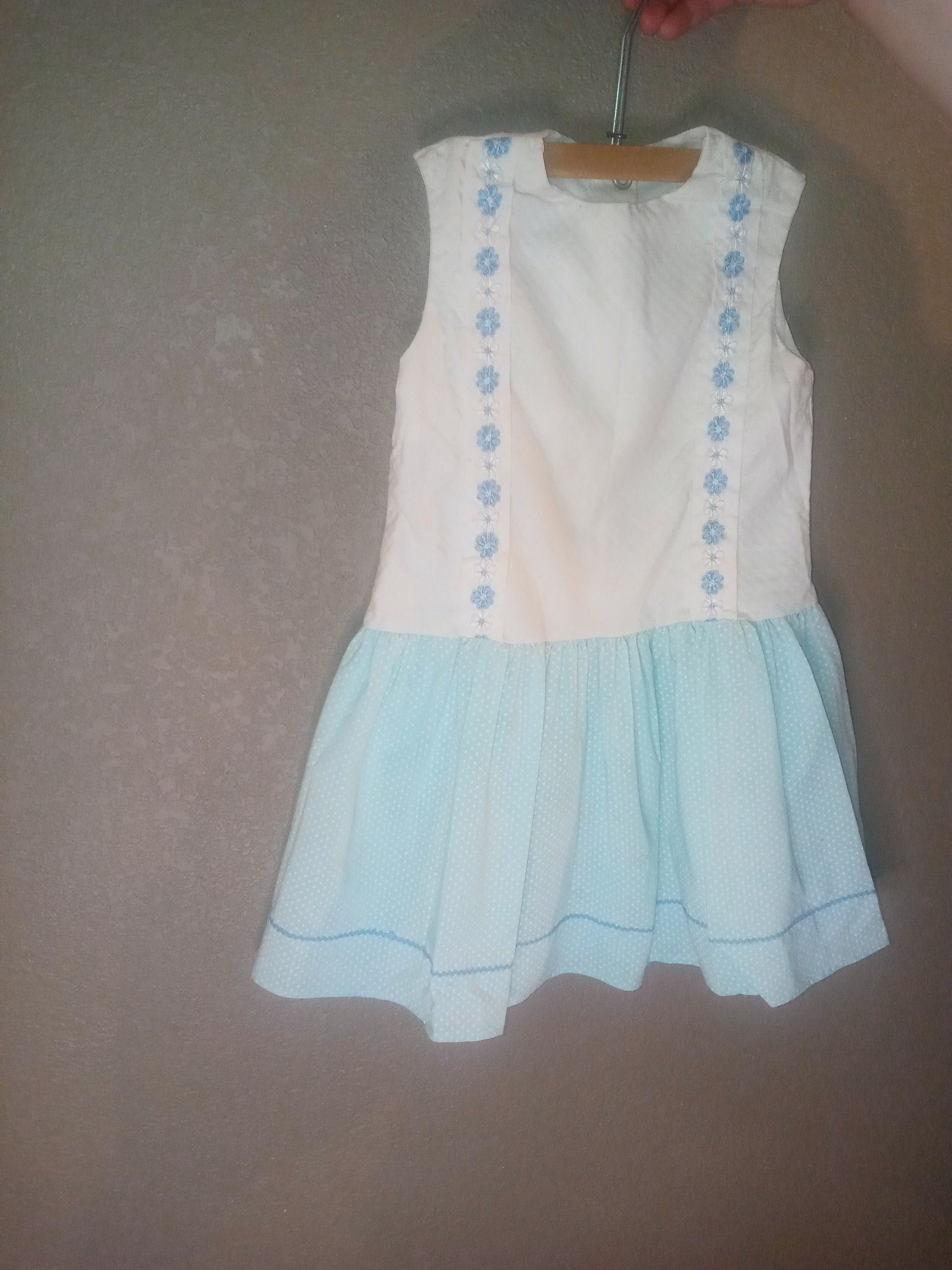 1970S Powder Blue & White Daisy Dress Size 4 To 6