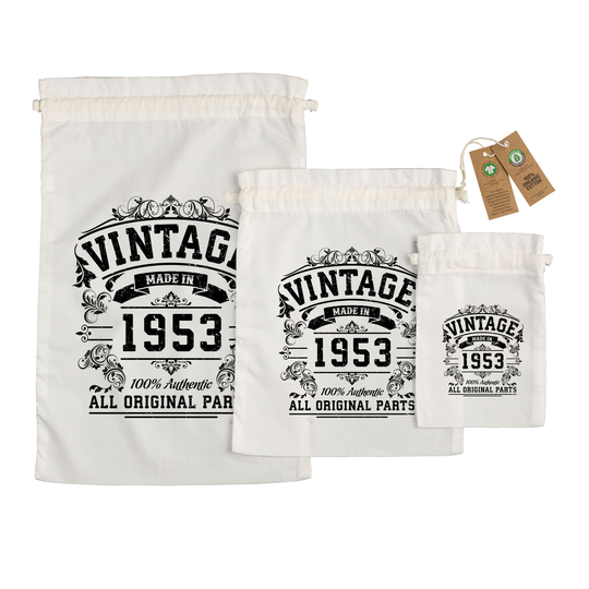 70Th Birthday Gift - Large Medium Small Eco Friendly 100% Organic Cotton Drawstring Presents Bag For All Vintage Original Parts 1953