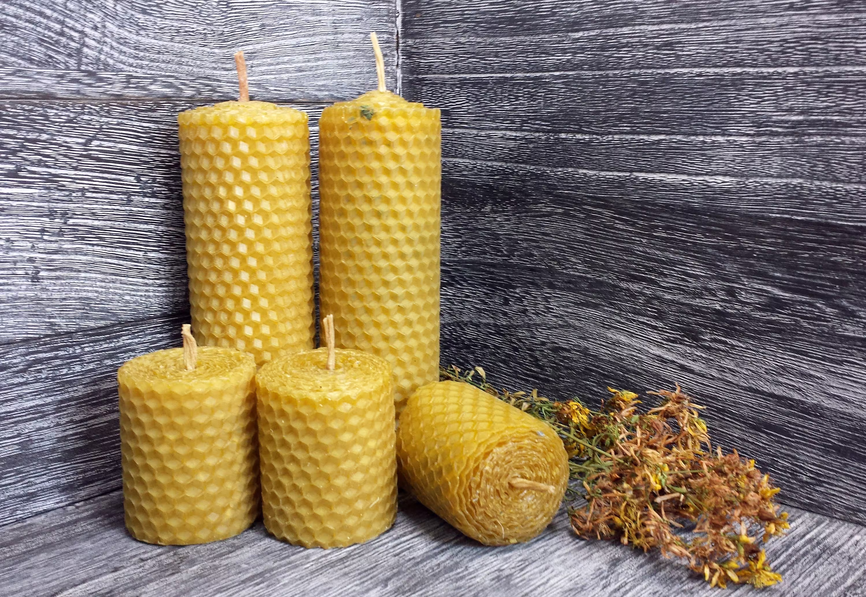 Bees Wax Candles -Honeycomb Pillar Candles - Bee With Flower