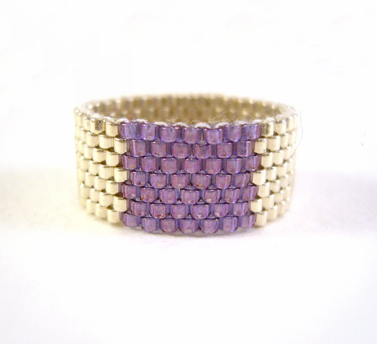 Silver Beaded Ring Seed Bead Galvanized & Purple Beadwoven Ring UK Seller