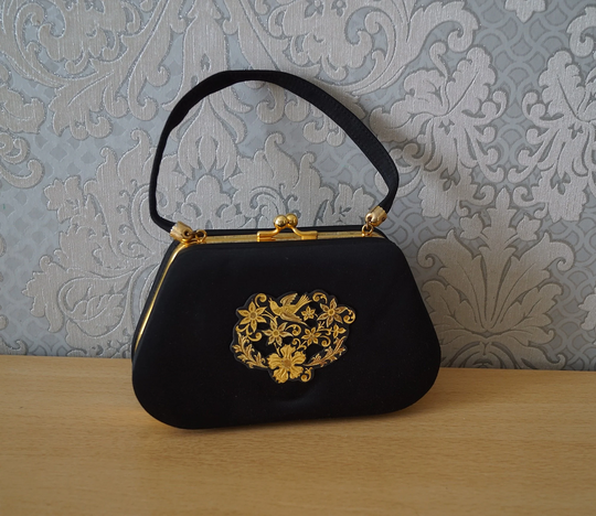 Vintage 1950S/60S Black Gold Powder & Lipstick Handbag Case, Cosmetic & Toiletry Storage
