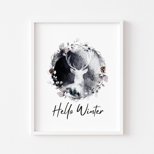 Hello Winter Watercolour Wreath & Stag Style Unframed Print|Christmas Prints|xmas Decor|Seasonal Decor|Seasonalchristmas Decor|Animal Art