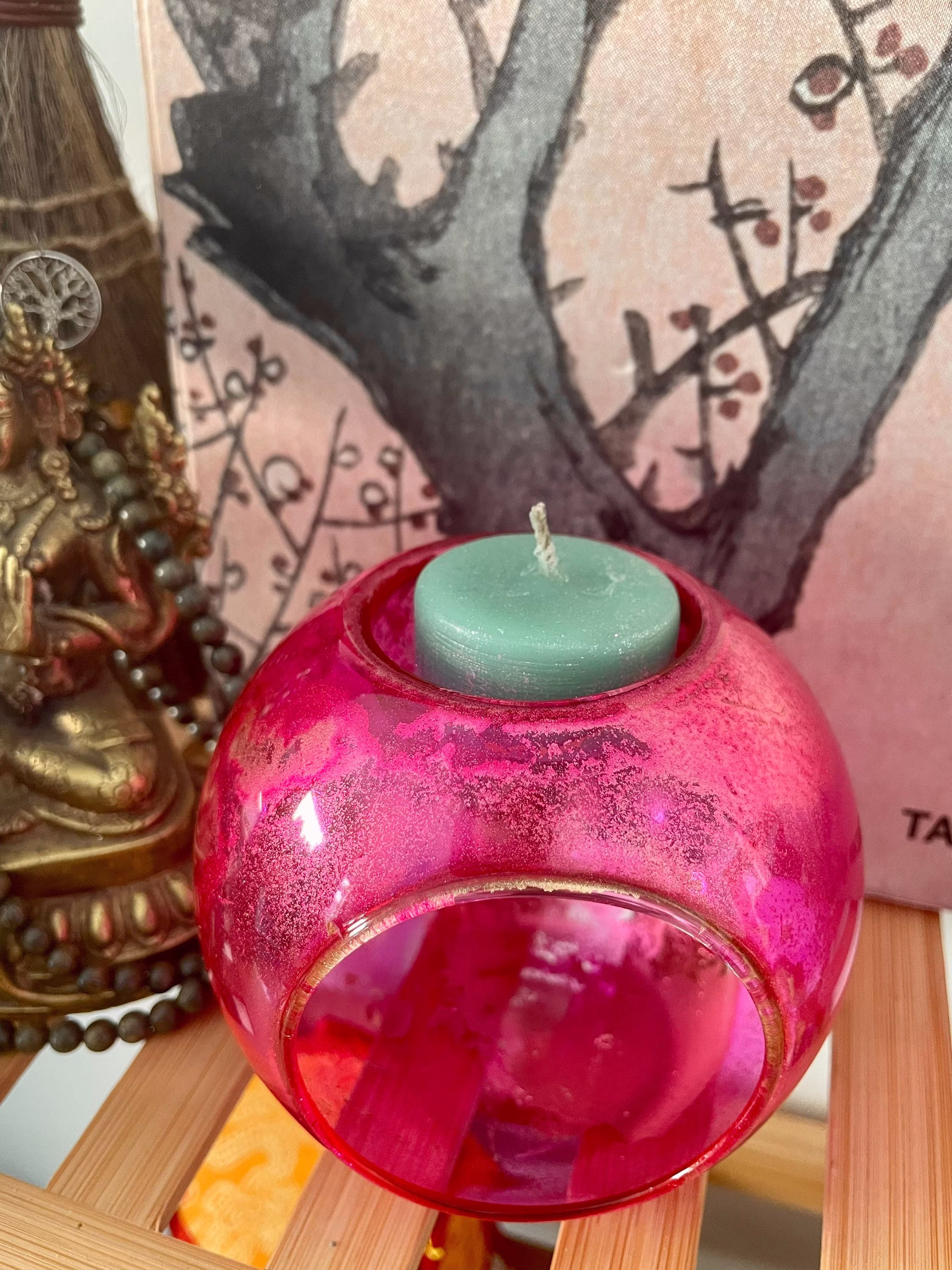 Gold & Fuchsia Stained Glass Candle Luminary - Medium For Tea Lights Or Votive