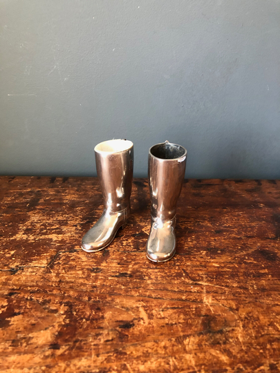 Silver Plate Shot Measures Salt & Pepper England Boots Riding Cowboy