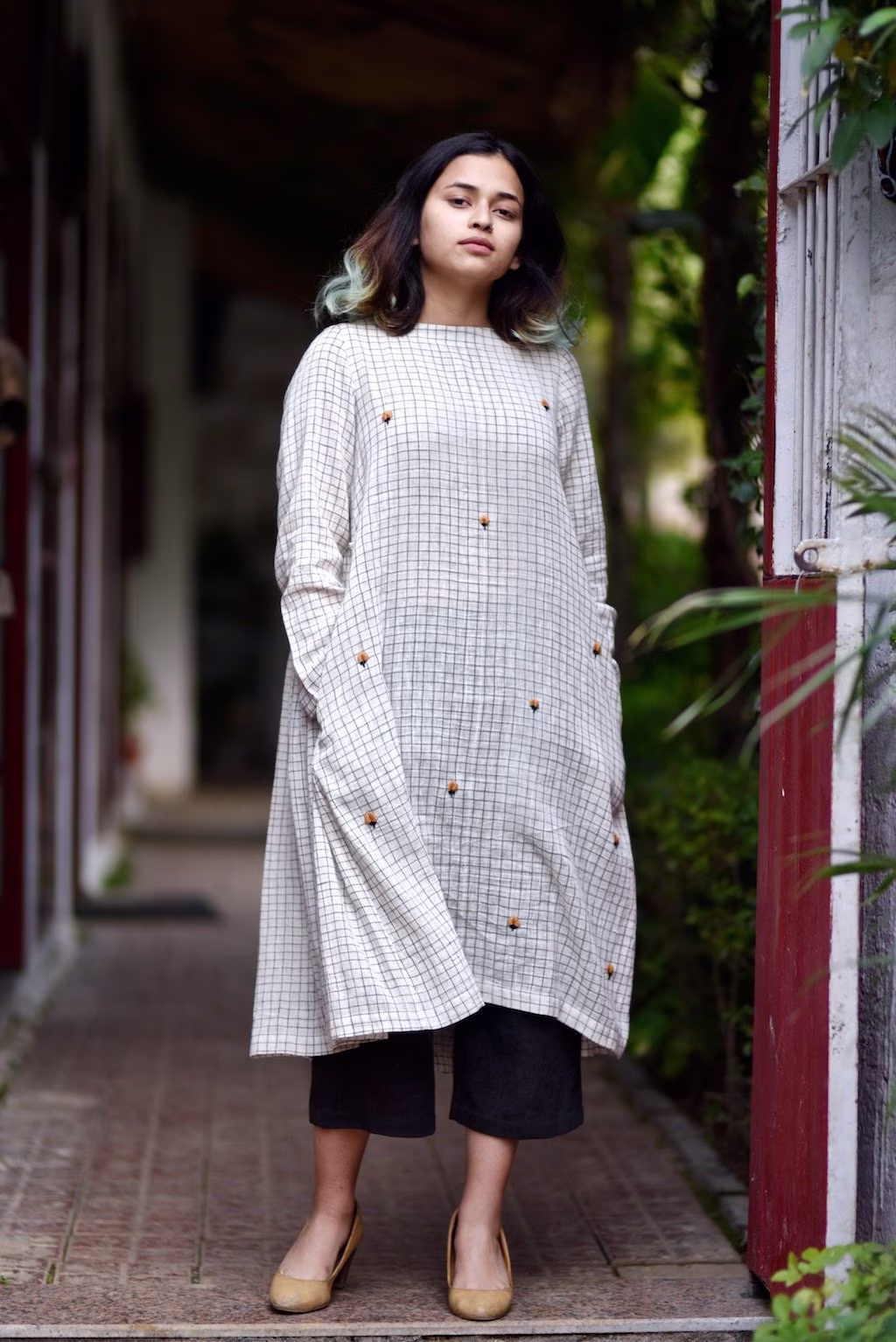 Philomena, Organic Cotton Flared Dress With Hand Embroidery + Grey Pants in Cotton, Handmade