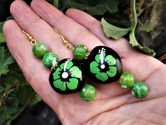 Hand Painted Hibiscus Kukui Nut Earrings Green Agates & Black Unique Heart Shape Asymmetrical Modern Bold