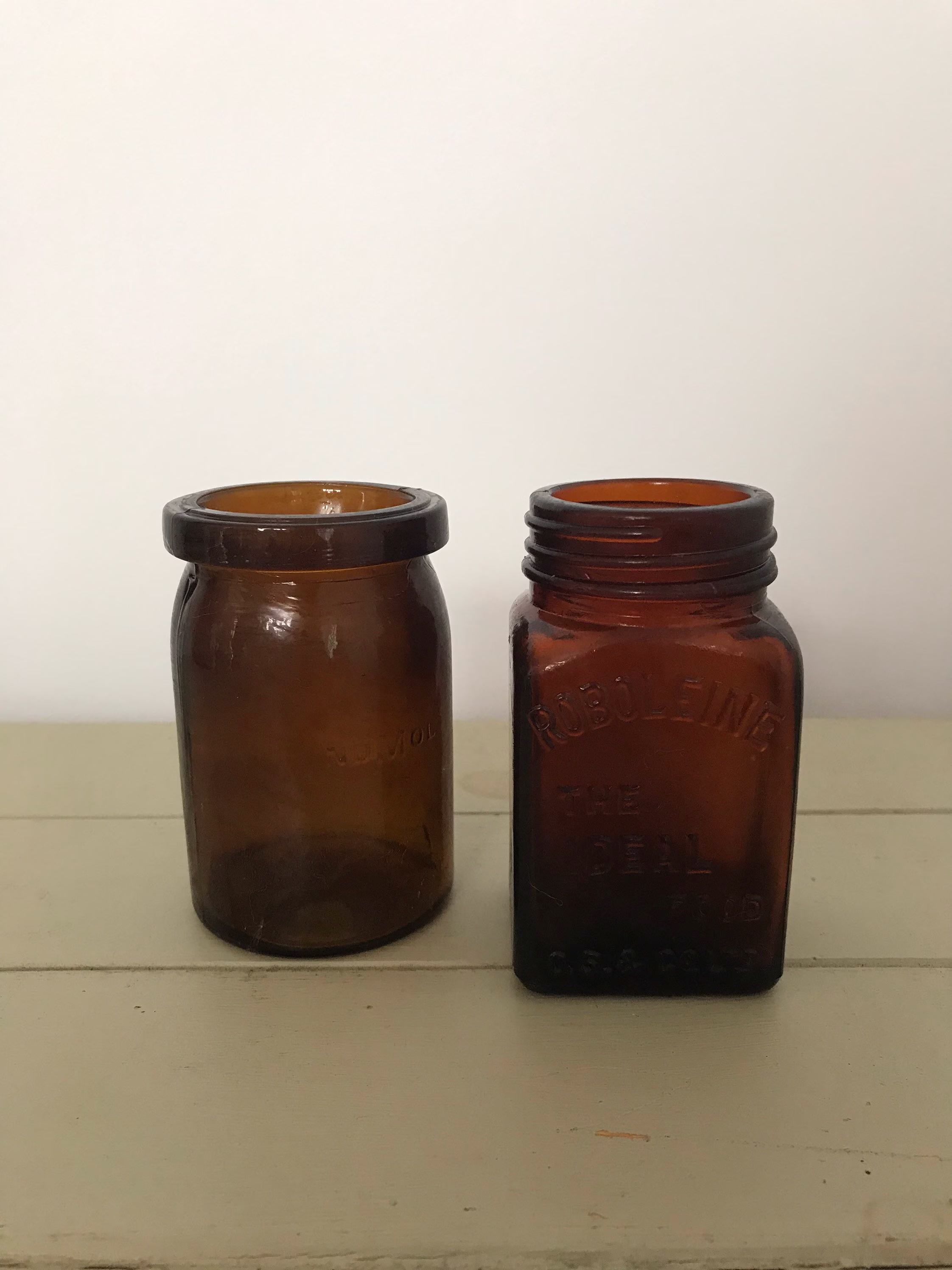 Lovely Set Of Vintage Dark Amber Glass Bottles