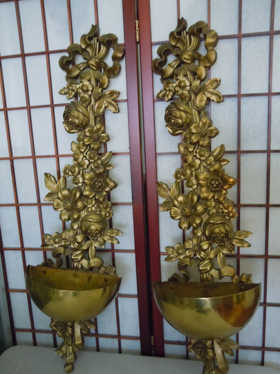 Pair Of Mid-Century Modern Syroco Carved Gilt Wood & Brass Wall Planters