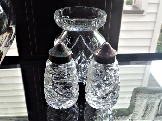 Waterford Salt & Pepper Shaker Mustard Jar Silver Plate S & P Open Gothic Script