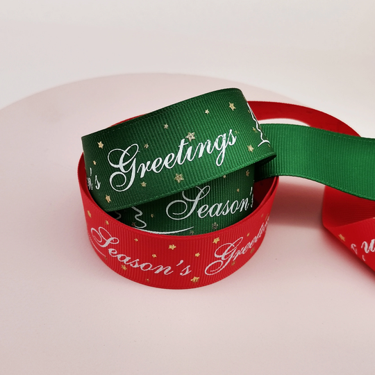 Seasons Greetings Ribbon, Christmas Gift Wrapping Red & Green Premium Ribbon