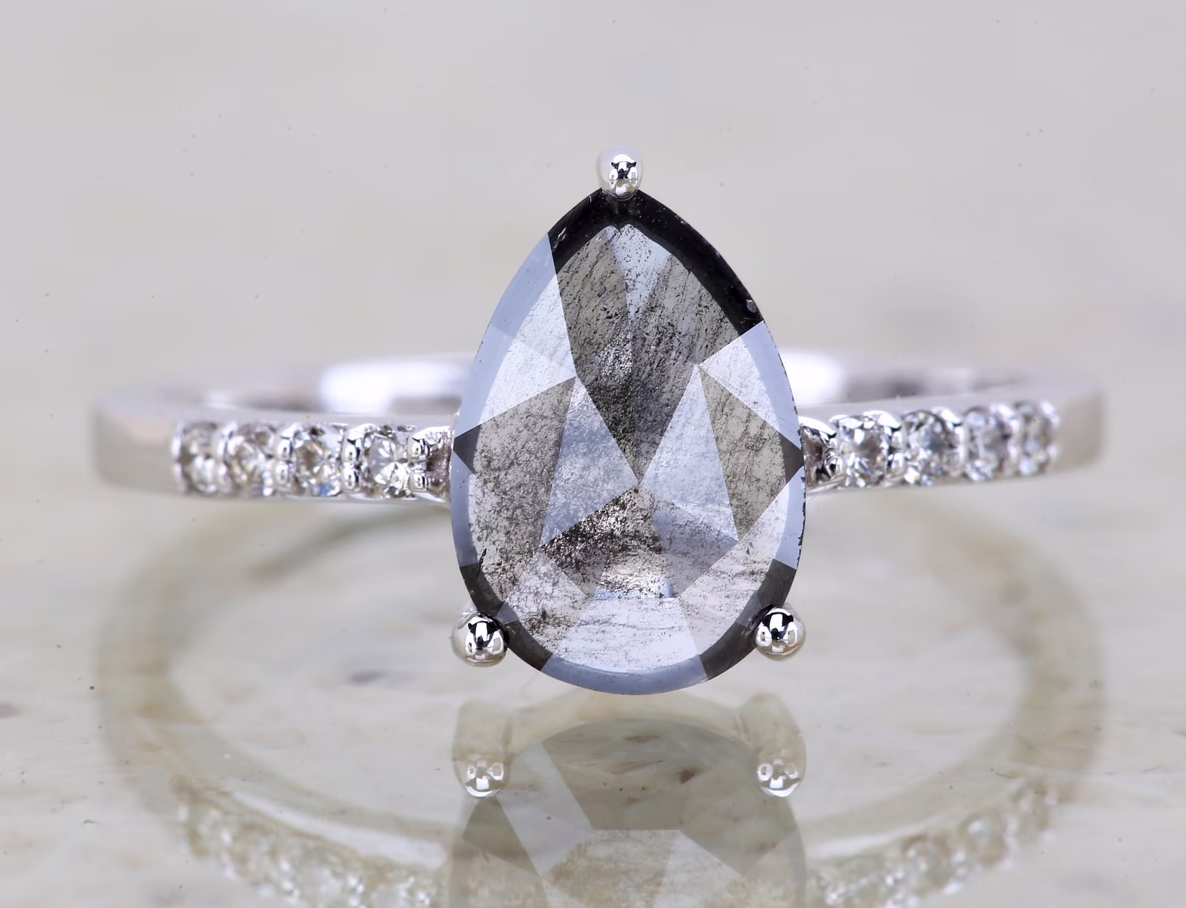 Salt & Pepper Diamond Ring Natural Pear Cut Engagement Gray Anniversary Gift For Her