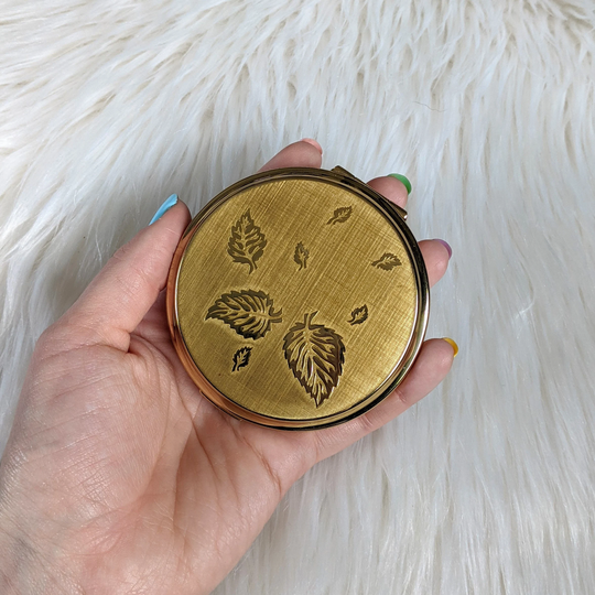 Vintage Stratton Gold Colour Powder Compact, Leaf Pattern Pressed