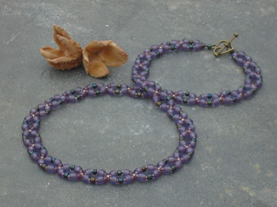 Wild Violets Necklace, Czech Seed Bead in Violet, Purple, Lavender Blue & Lustered Forest Green Seed Beads, UK Seller