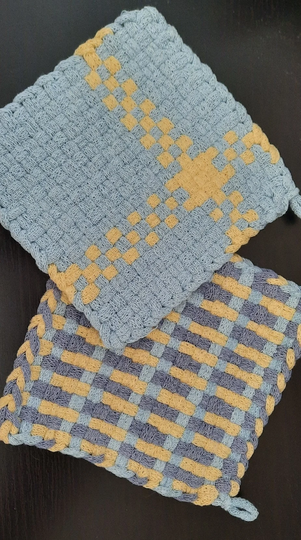 Handmade Woven Powder Blue, Yellow & Hydrangea 6x6 Potholders in A Set Or Single