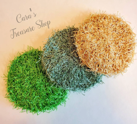 Crochet Dish Scrubbies, Pot Scrubbers, Reusable, Washable, Eco-Friendly, Sustainable, Handmade, Set Of 3, Lime, Green Tea, & Bamboo