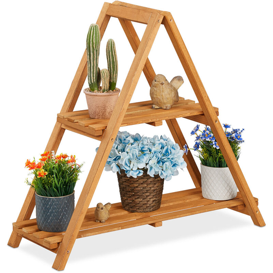 Plant stand, 2-tier wooden rack, herb planter, foldable, indoor & outdoor, 72x28x73 cm (LxWxH), light brown - Relaxdays