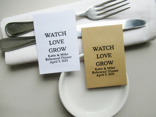 Diy Rehearsal Dinner Seed Favors, Packets With Names & Date, Watch Love Grow