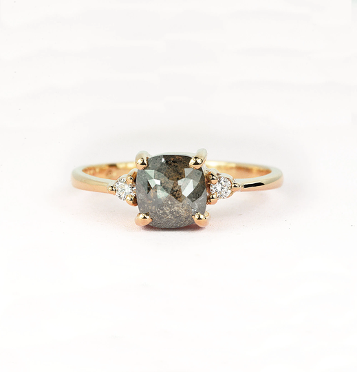 Cushion Cut Diamond Ring-Rose Engagement Ring-Salt & Pepper Ring-Dainty Gold Ring