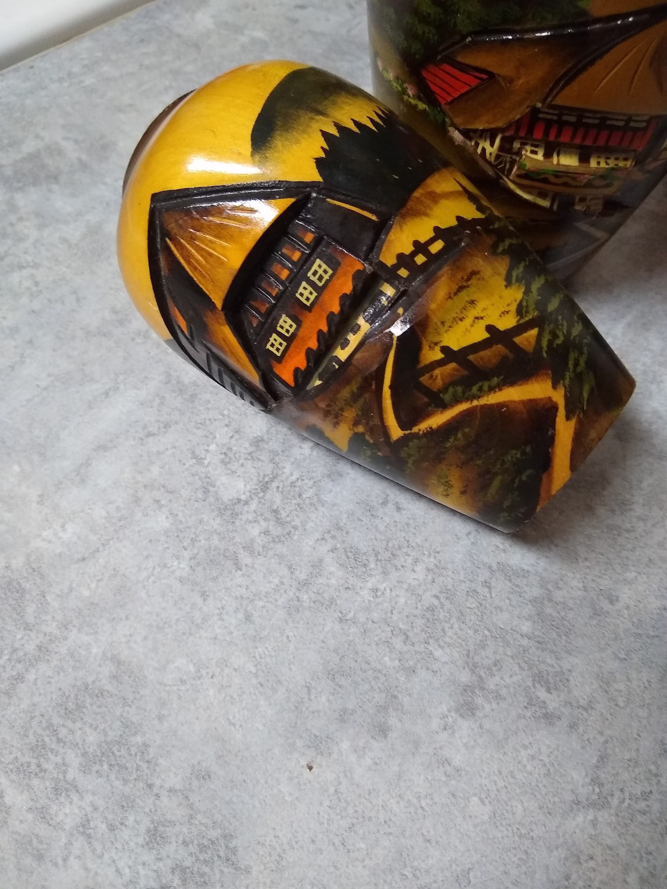 German, Black Forest Vase, Hand Carved, Painted, 3D Wood Schwarzwaldhaus, Landscape, Vintage Travel Souvenir