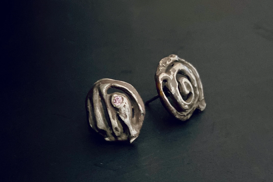 Rustic Oxidized Silver Sterling Organic Textured Stud Earrings - Small Handmade Zircon Gemstone Oval Avant Garde Earring