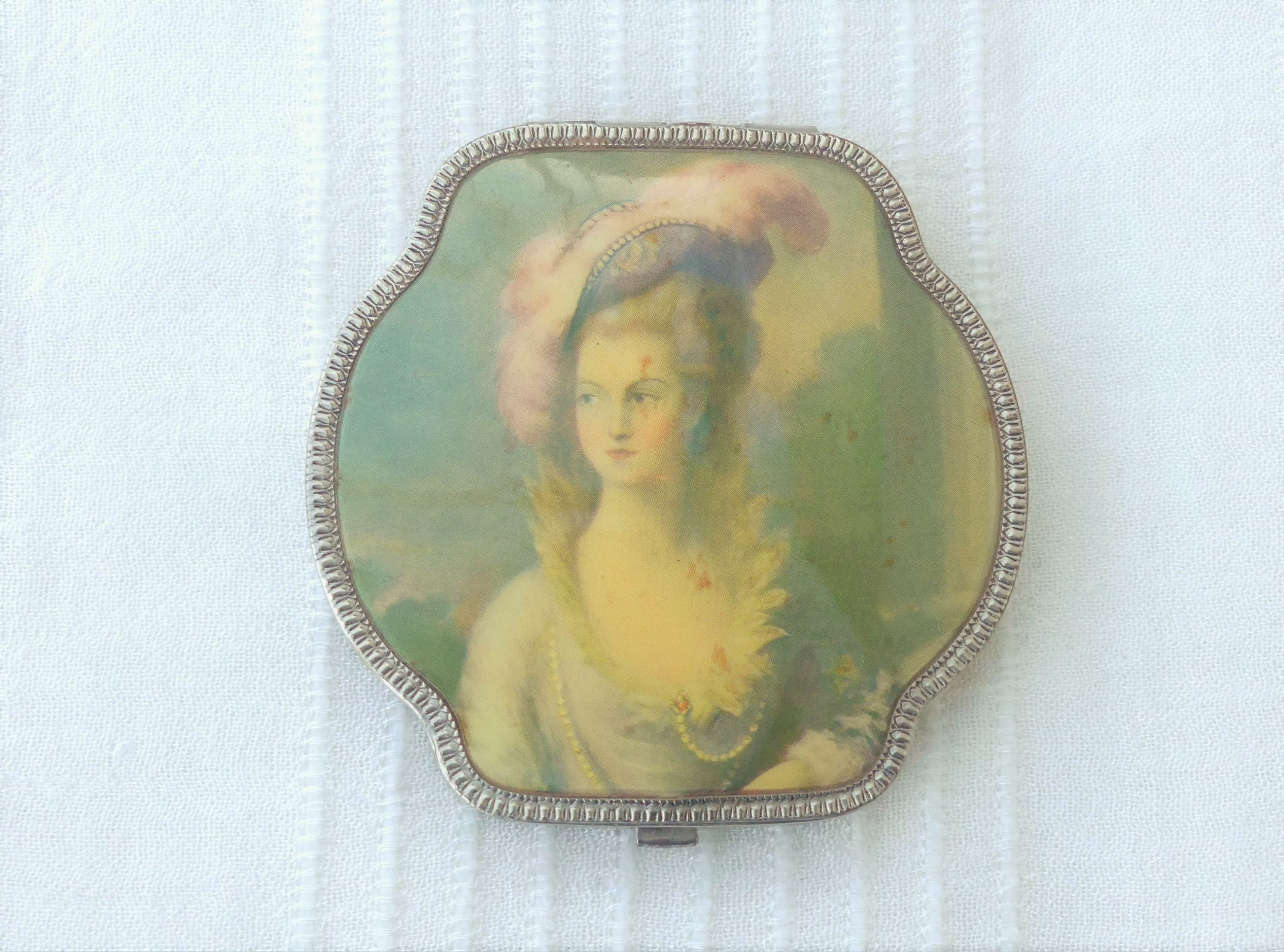 Vintage 1940S French Chrome & Faux Tortoiseshell Celluloid Powder Compact, 18Th Century Portrait Of A Lady On Lid