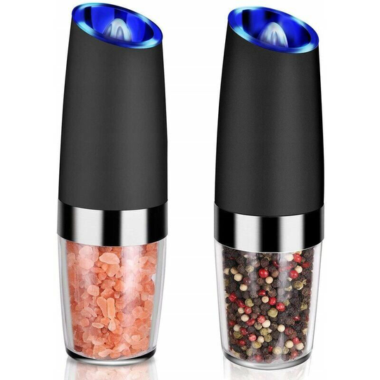 Electric salt grinder, pepper, spice, salt shaker, stainless steel pepper, ceramic grinder, 2 pieces with led (black)