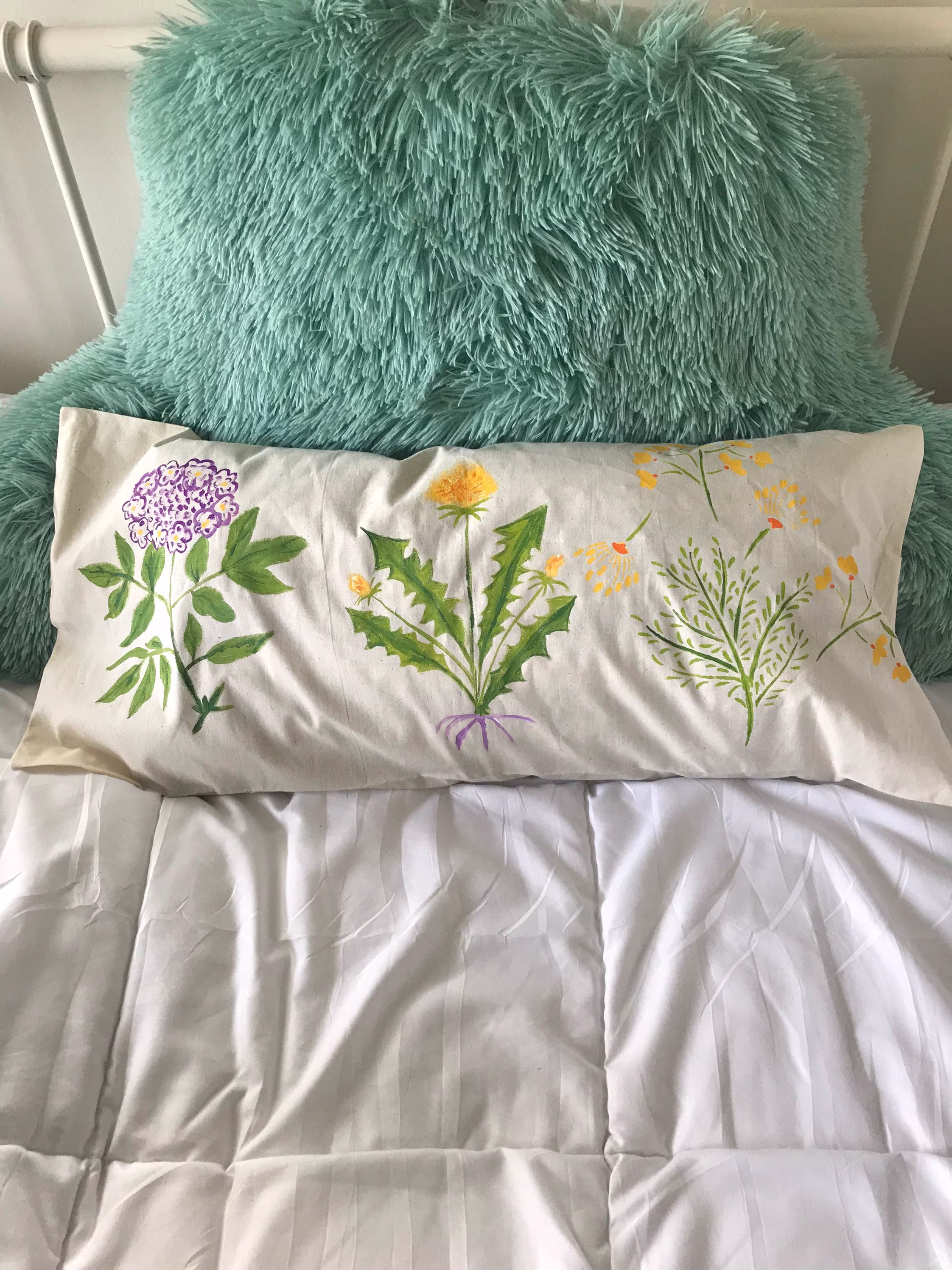 Original Hand Painted Stenciled Botanical Unbleached Muslin Pillow Case 27"x12