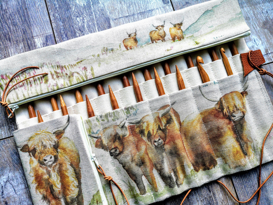Luxury Linen Case Scottish Highland Cattle Knitting Crochet Hook Dpn Needle Holder Zip Pouch Storage Organizer Leather Fabric Christmas Gift