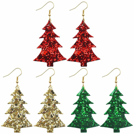 3 Pairs of Flash Powder Granulated Glitter Christmas Earrings, Glitter Christmas Tree Shaped Ear Studs, Holiday Gifts