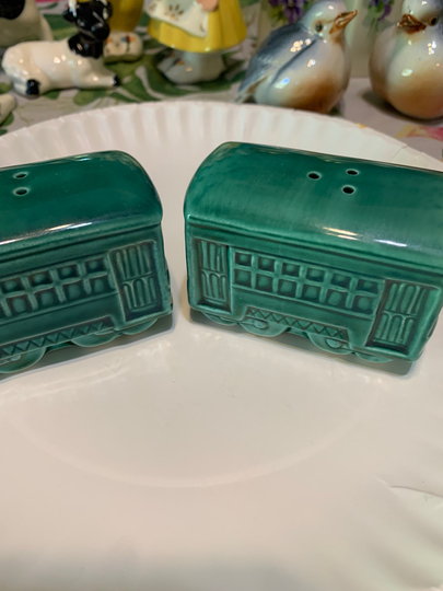 Vintage Green Trolly Car Salt & Pepper Shakers 1950S Mcm