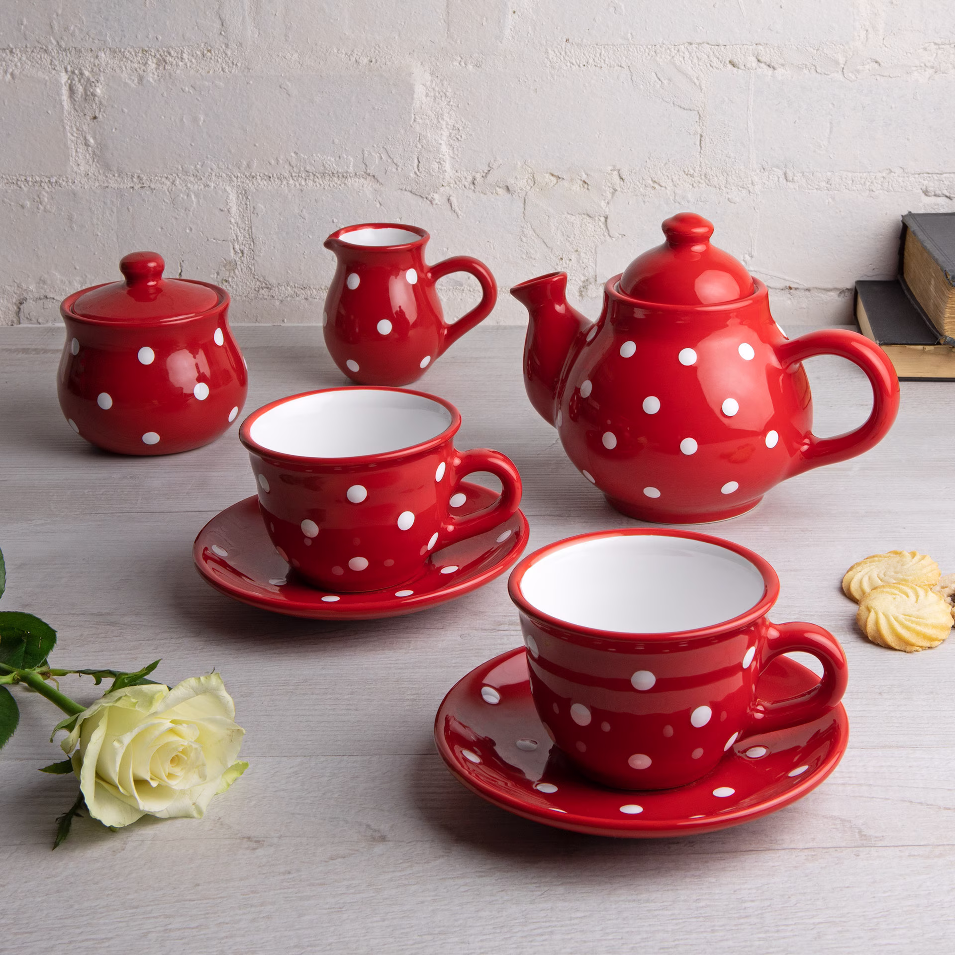 Red Ceramic Tea Set, Handmade Teapot Set For Two, Teapot, Milk Jug, Sugar Bowl, 2 Teacups & Saucers, White Polka Dot Pottery