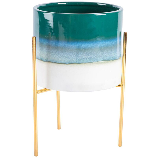 Reactive Glaze Plant Pot on Stand - 19cm - Emerald/Gold - Nicola Spring
