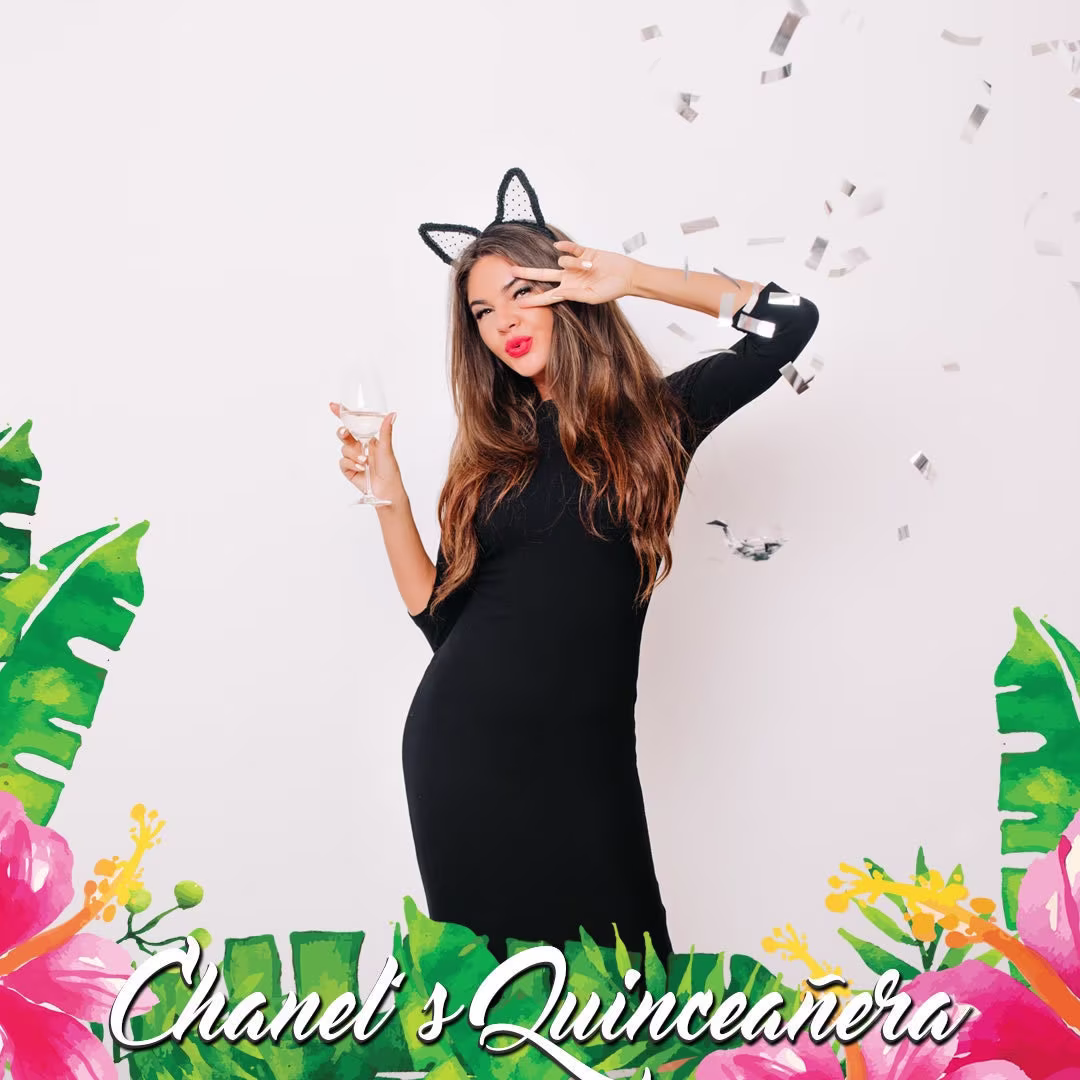Personalized 360 Booth Overlay Photobooth Video Boomerang Tropical Palms Pink Hibiscus Flowers Quinceañera Birthday Party Frame 360Booth