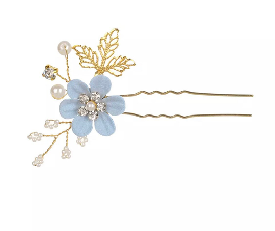 Beautiful Bridesmaid Powder Blue With Gold Pearl & Diamante Wedding Flower Hair Pin