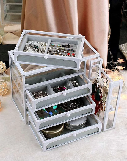 Jewelry Organizer Box With 4 Drawers For Rings, Bracelets, Chains, Brooch, Pendants & A Vertical Drawer Earrings Necklace Storage