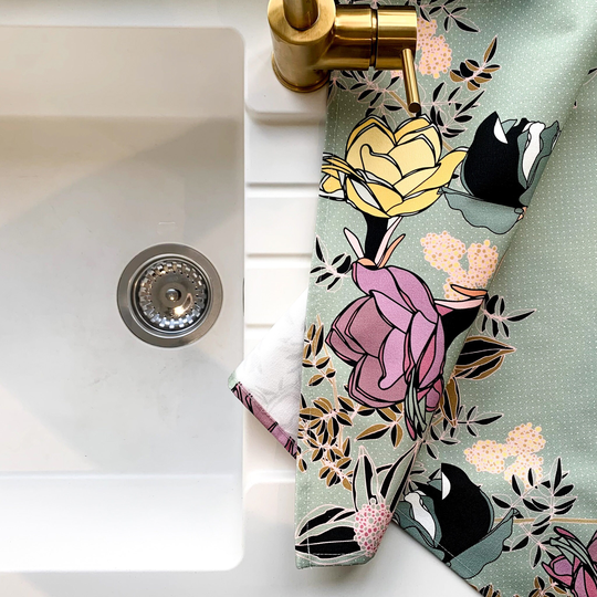 Floral Tea Towel, Sage Green, Flower Patterned, Kitchen Made in The Uk, Hand Illustrated, 100% Cotton, Machine Washable