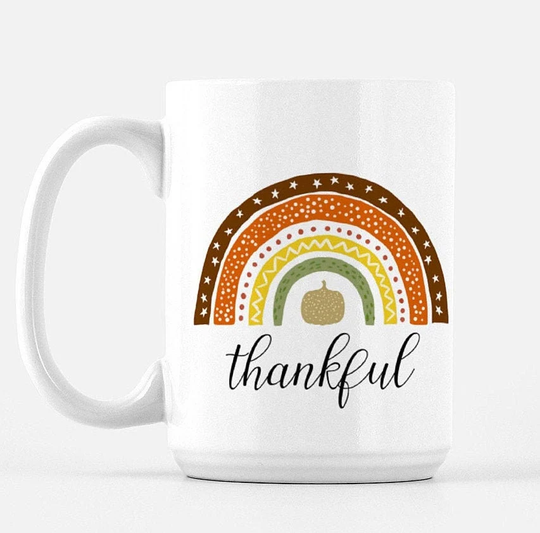 Thankful Coffee Mug - Fall Rainbow Mug Thanksgiving Autumn Lover Season Pumpkins & Rainbows