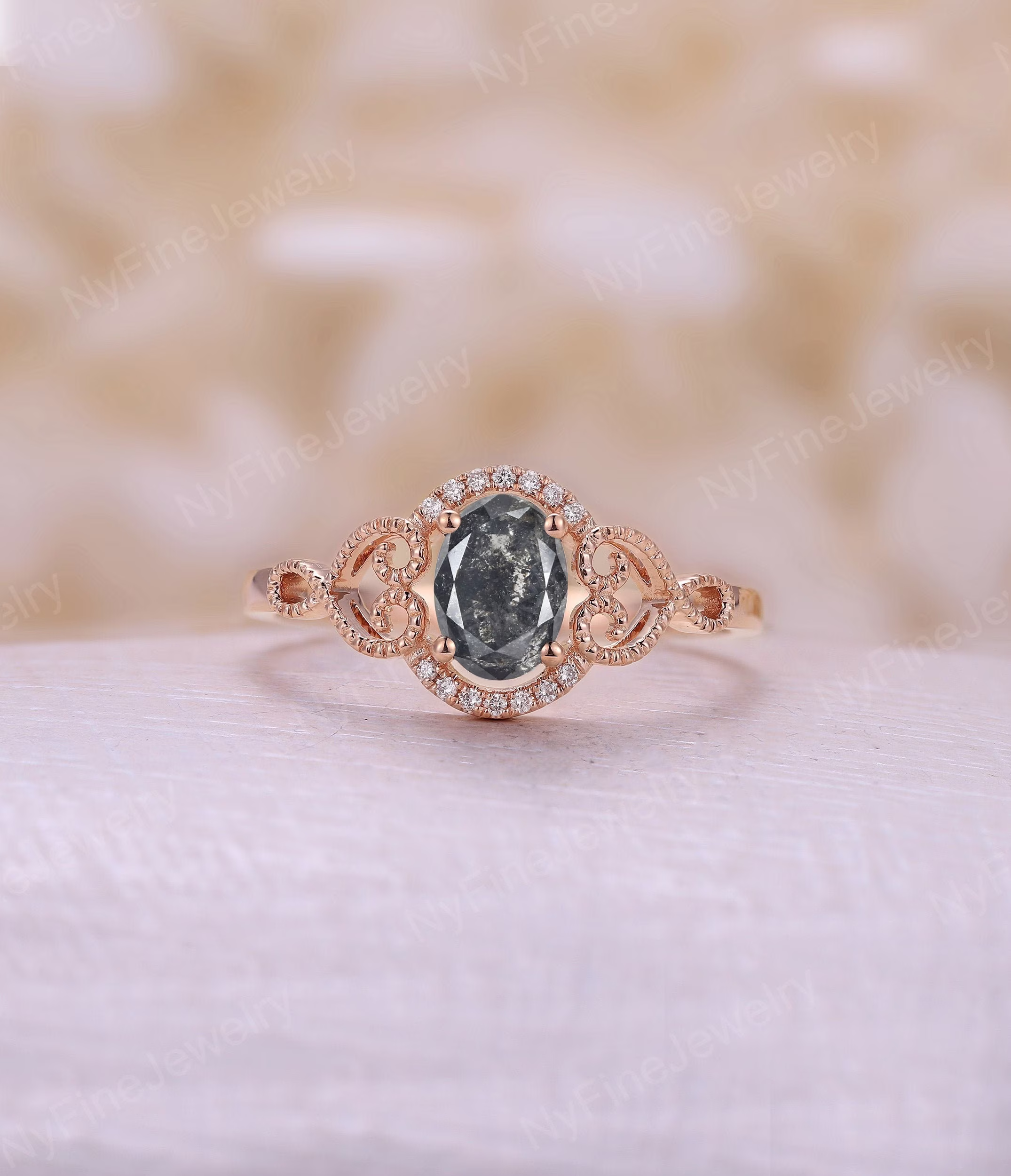 Vintage Salt & Pepper Diamond Engagement Ring Antique Rose Gold Band Unique Milgrain Wedding Art Deco Bridal Anniversary
