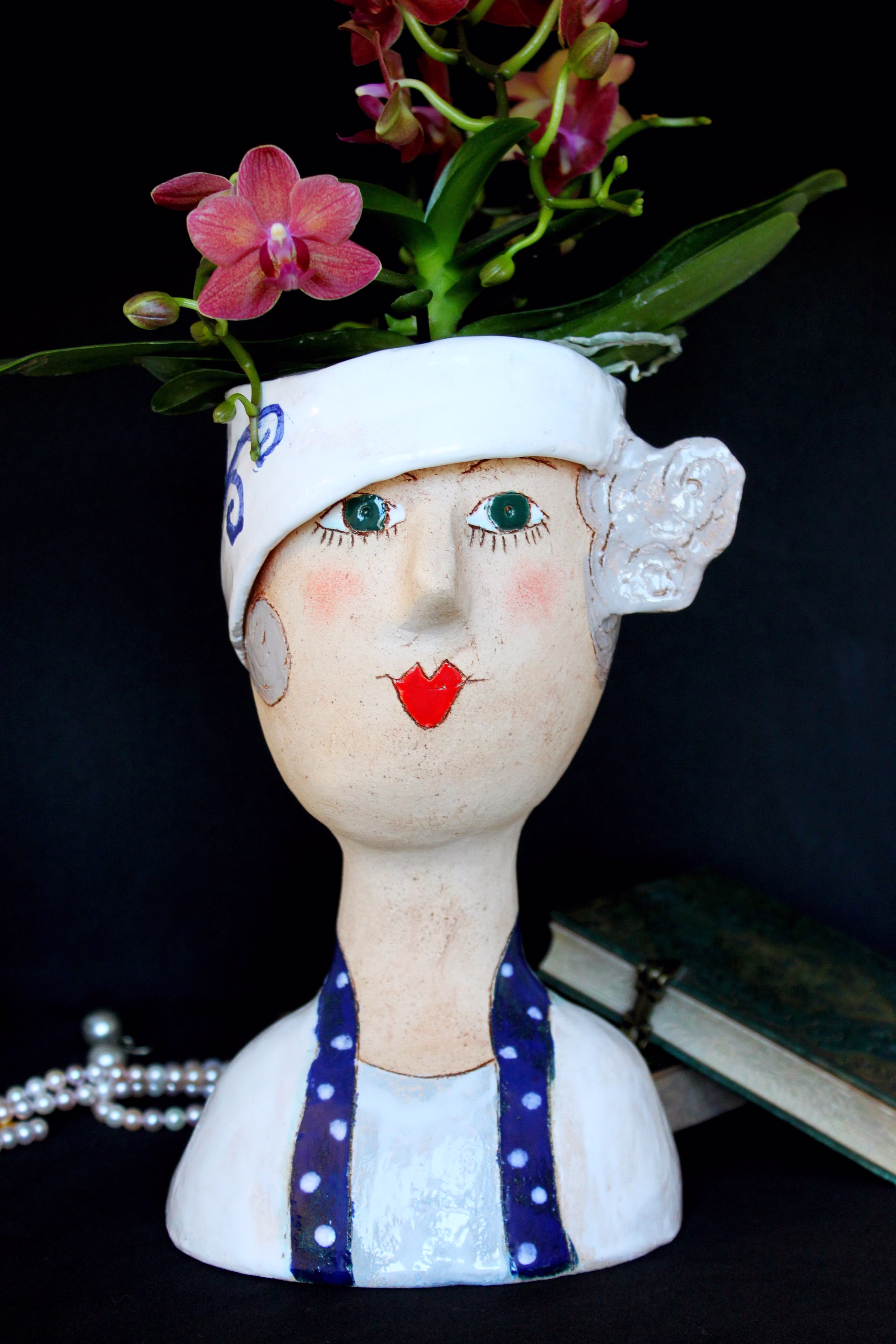Unique Ceramic Large Size Face Planter, Retro Lady Head Plant Pot, Vintage Interior Vase, in Blue Multi-Purpose Bowl, Gift For Her
