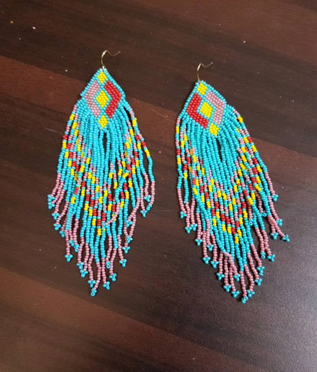Turquoise Blue-Red Seed Beads Multi Fringes Long Earrings Handmade in India By Small Businesss Run Woman-Festival Earrings-Christmas Gift