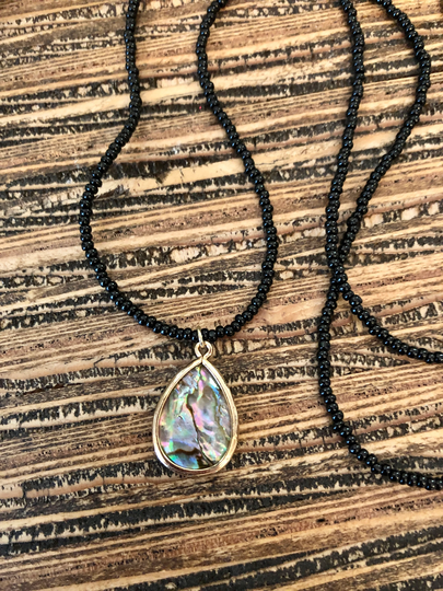 Abalone Black Seed Bead Necklace - Shell Pendant Long -Necklace -Gift For Her, Gift Friend