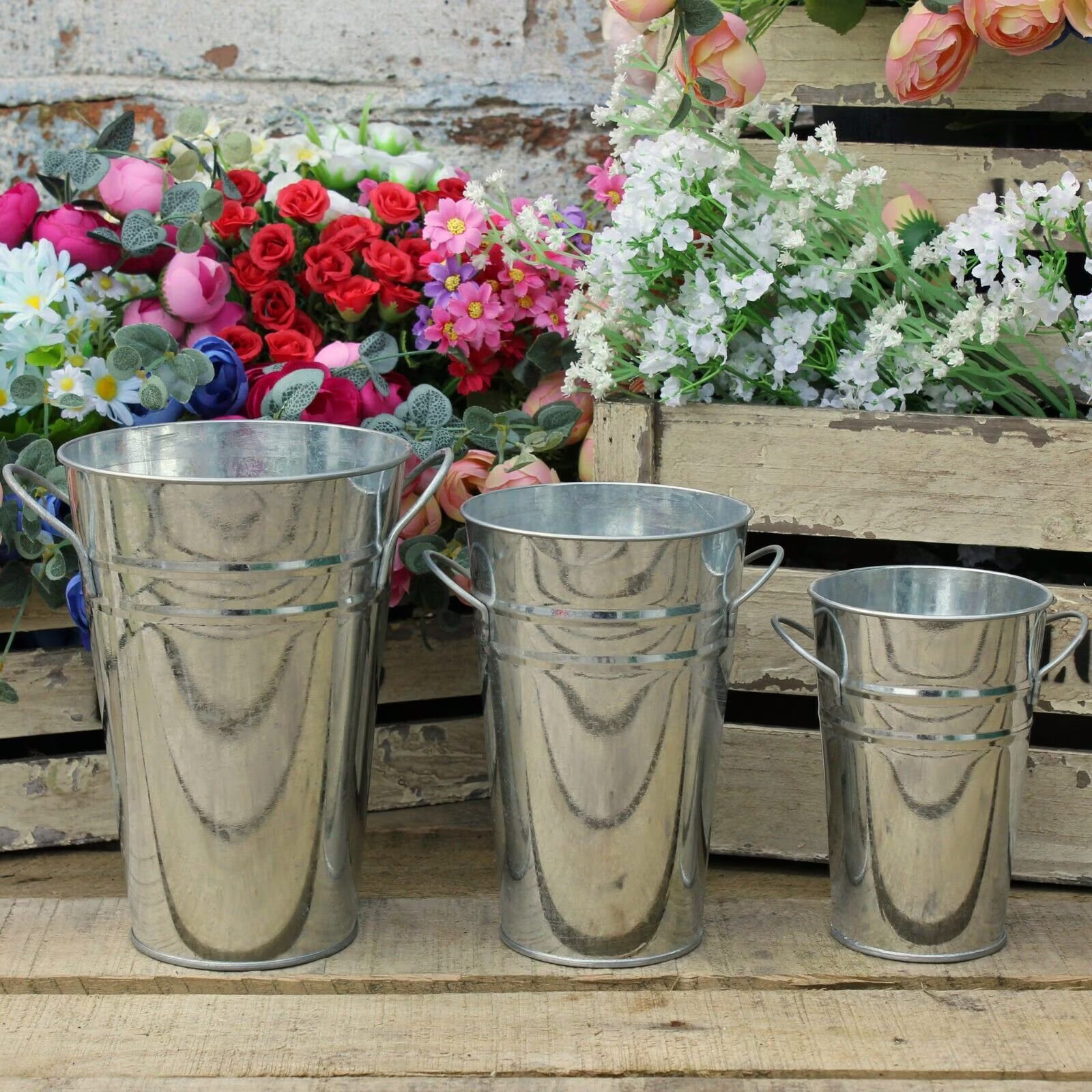 Handmade Set Of 3 Bucket Planters Tin Metal Distressed Herb Plant Pot With Handles Silver Flower Vases Decoration Home Garden Indoor Outdoor